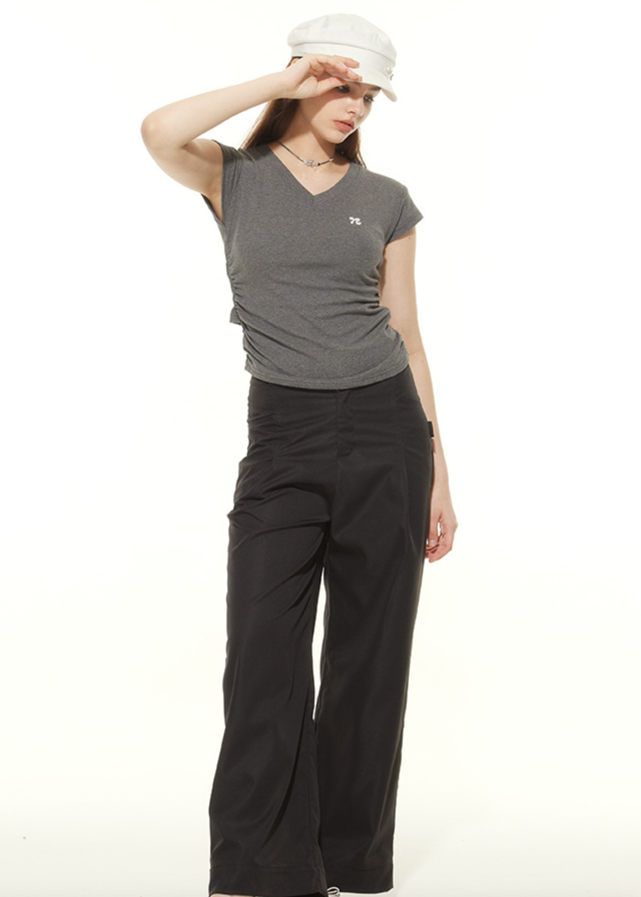 Cardydony Women's Chic V-Neck Ruched Slim-Fit T-Shirt