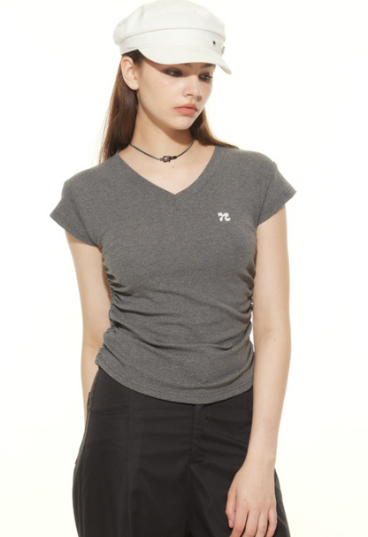 Cardydony Women's Chic V-Neck Ruched Slim-Fit T-Shirt