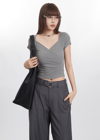 Cardydony Women's Elegant Wrap-Style V-Neck Crop Top