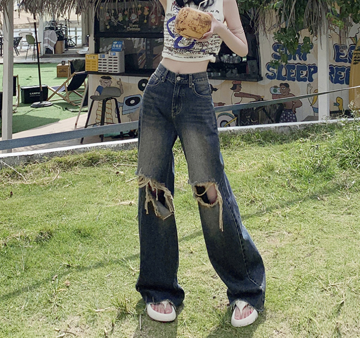 Cardydony Women's Edgy High-Waisted Distressed Wide-Leg Jeans in Vintage Blue