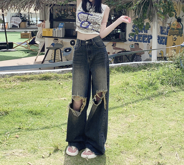 Cardydony Women's Edgy High-Waisted Distressed Wide-Leg Jeans in Vintage Blue