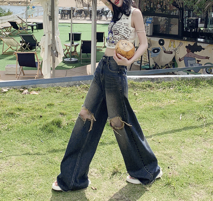 Cardydony Women's Edgy High-Waisted Distressed Wide-Leg Jeans in Vintage Blue