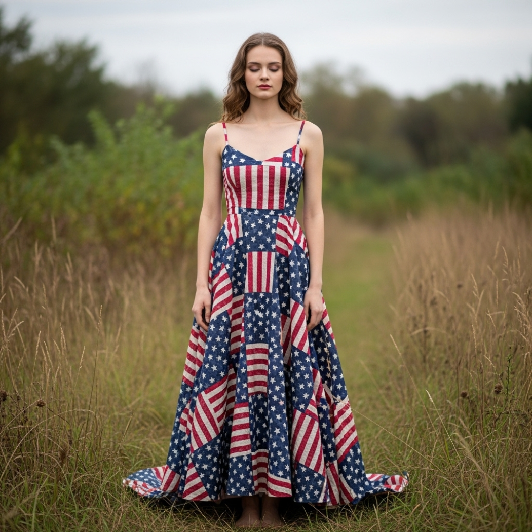 Women's Retro Independence Day Floral Patchwork Art Casual Linen Short Sleeve Maxi Dress