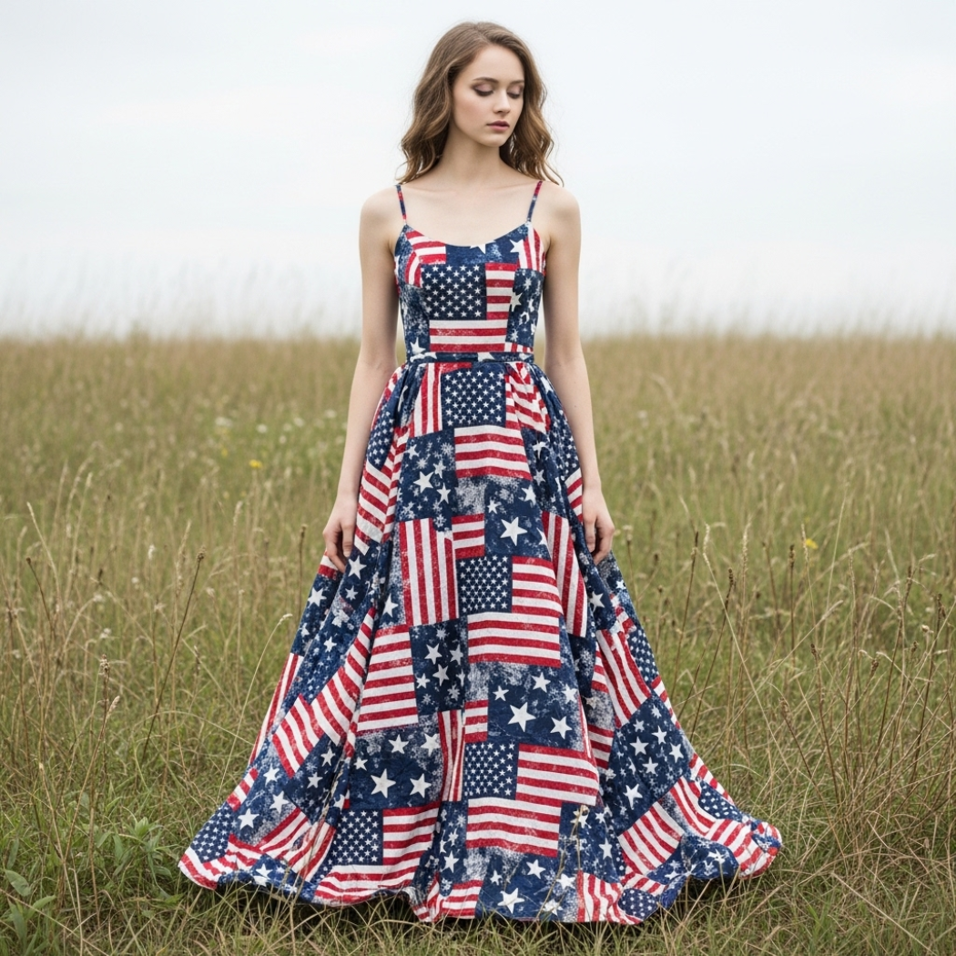 Women's Retro Independence Day Floral Patchwork Art Casual Linen Short Sleeve Maxi Dress