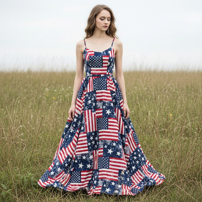 Women's Retro Independence Day Floral Patchwork Art Casual Linen Short Sleeve Maxi Dress