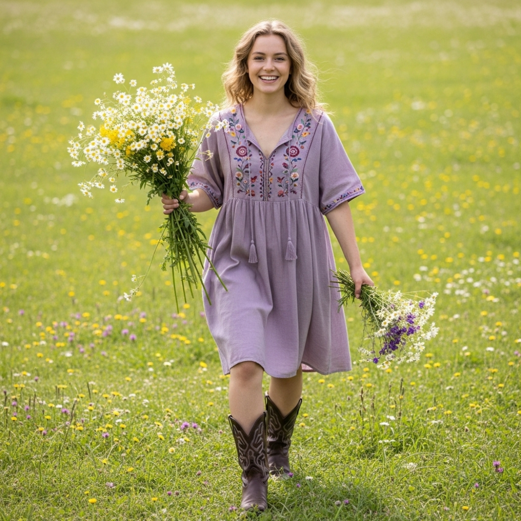 Spring Girl Green Pastoral Style Retro Floral Art Linen V Neck Dress