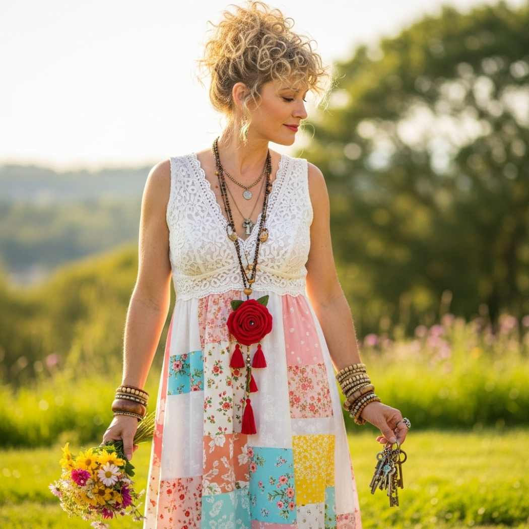 Women's Vintage Floral Patchwork Sleeveless Long Dress