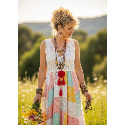 Women's Vintage Floral Patchwork Sleeveless Long Dress