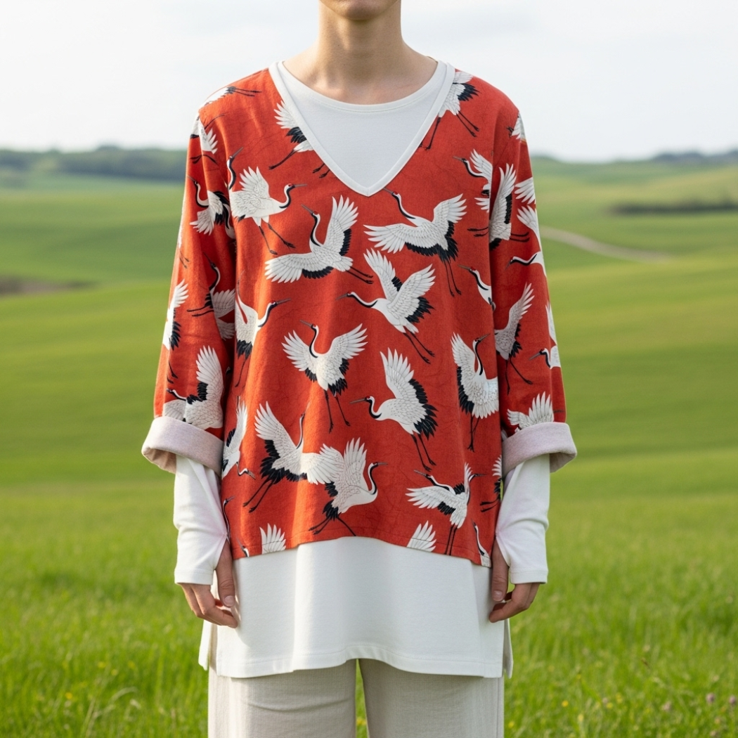 Japanese Art Crane Print V-Neck Loose Blouse