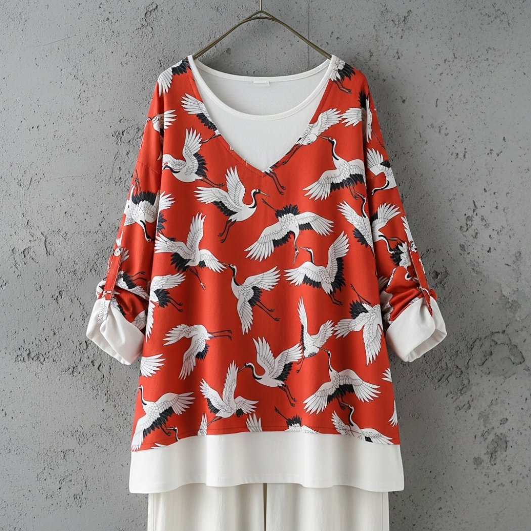 Japanese Art Crane Print V-Neck Loose Blouse