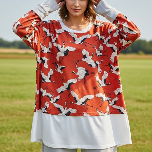 Japanese Art Crane Print V-Neck Loose Blouse