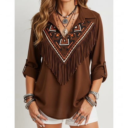 Vintage Western Tassels Print Loose Casual Cotton Linen Shirt