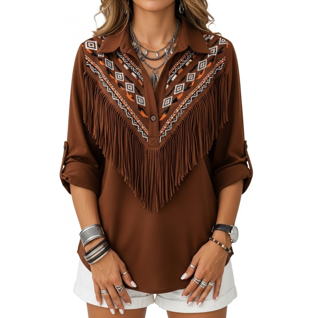 Vintage Western Tassels Print Loose Casual Cotton Linen Shirt