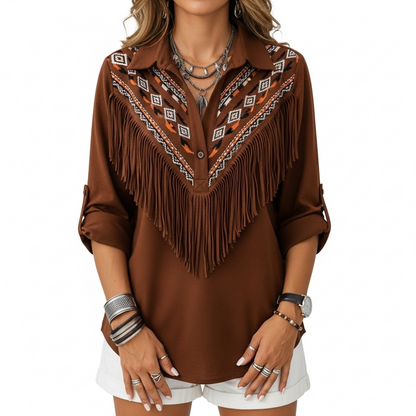 Vintage Western Tassels Print Loose Casual Cotton Linen Shirt