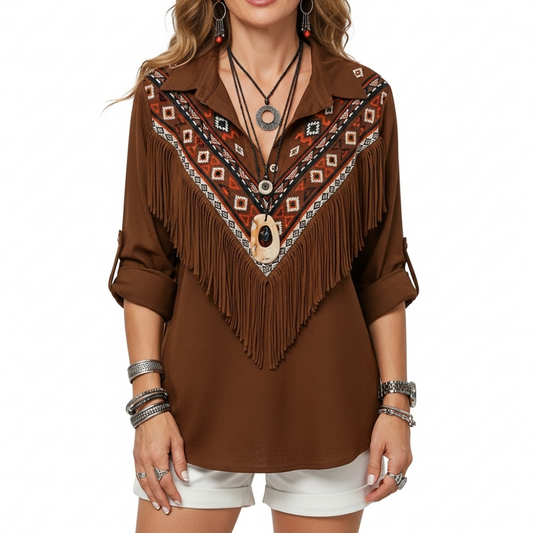 Vintage Western Tassels Print Loose Casual Cotton Linen Shirt