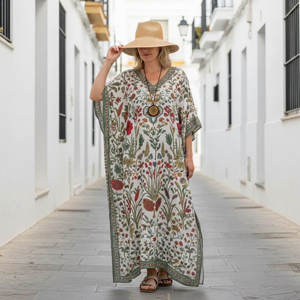 Long Sleeve Kaftan Linen Vacation Maxi Dress