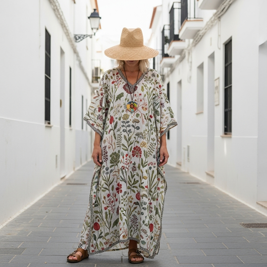 Long Sleeve Kaftan Linen Vacation Maxi Dress