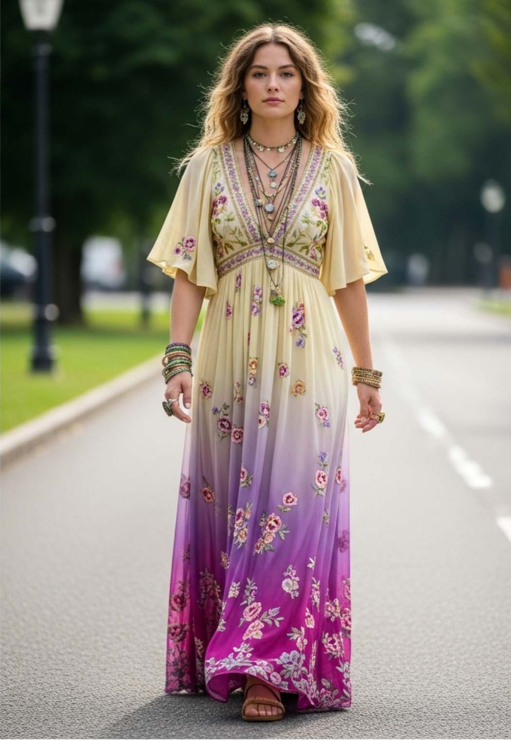 Classy Gradient Purple Lavender And Floral Printed Short Sleeve Maxi Dress