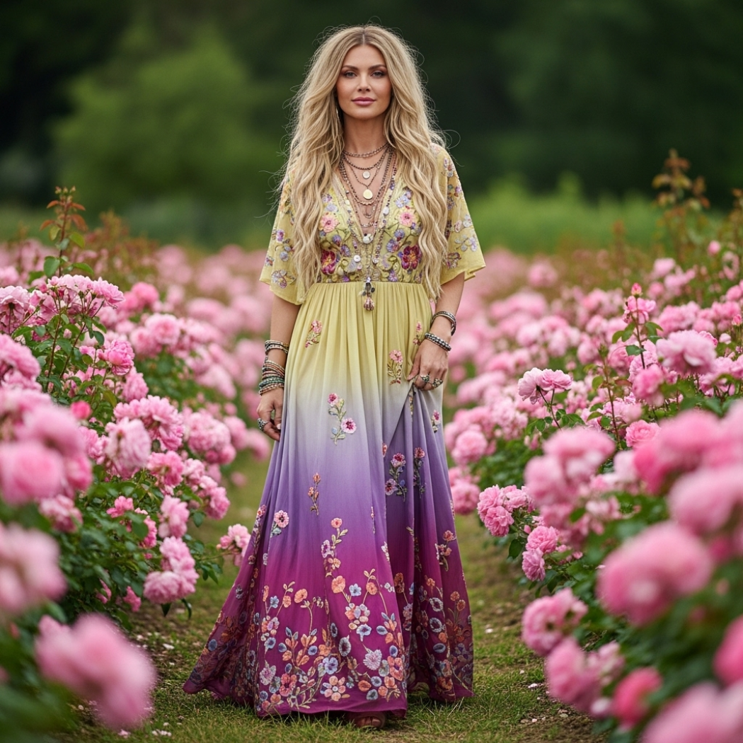 Classy Gradient Purple Lavender And Floral Printed Short Sleeve Maxi Dress