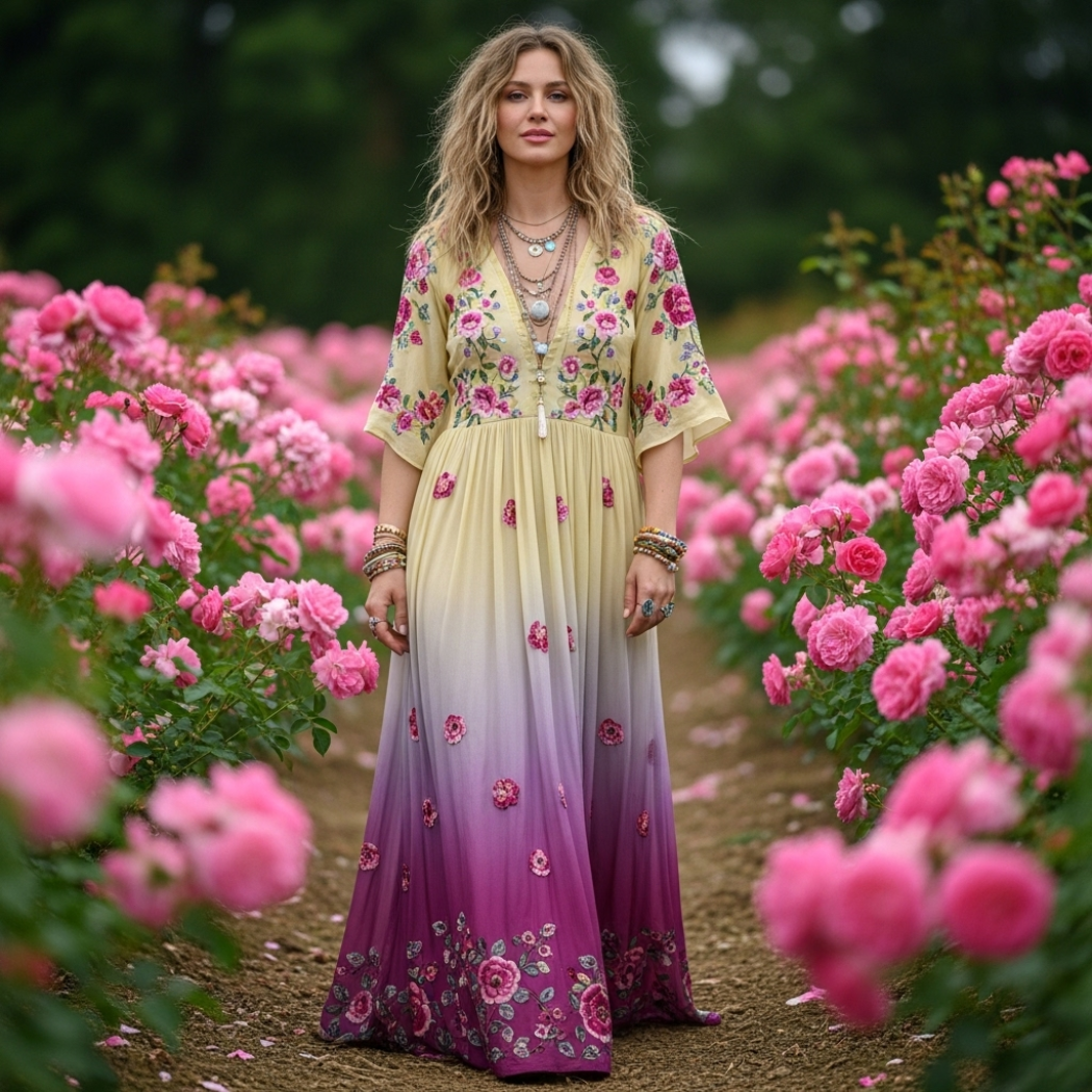Classy Gradient Purple Lavender And Floral Printed Short Sleeve Maxi Dress