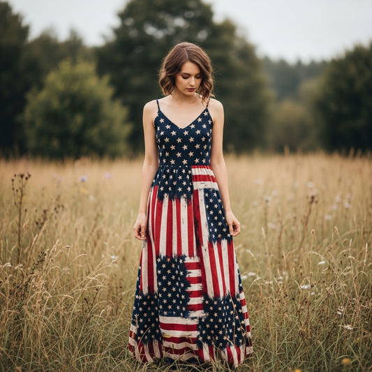 Women's Retro Independence Day Floral Patchwork Art Casual Linen Short Sleeve Maxi Dress