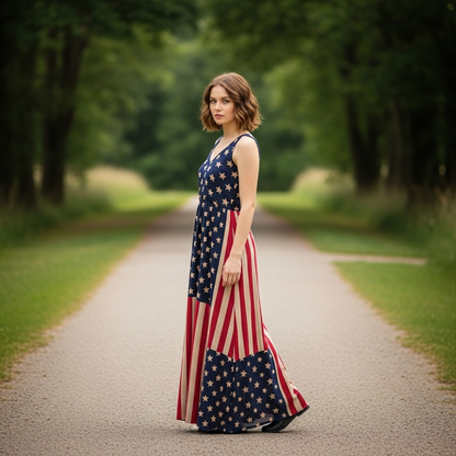 Women's Retro Independence Day Floral Patchwork Art Casual Linen Short Sleeve Maxi Dress