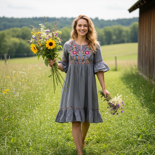 Spring Girl Green Pastoral Style Retro Floral Art Linen V Neck Dress