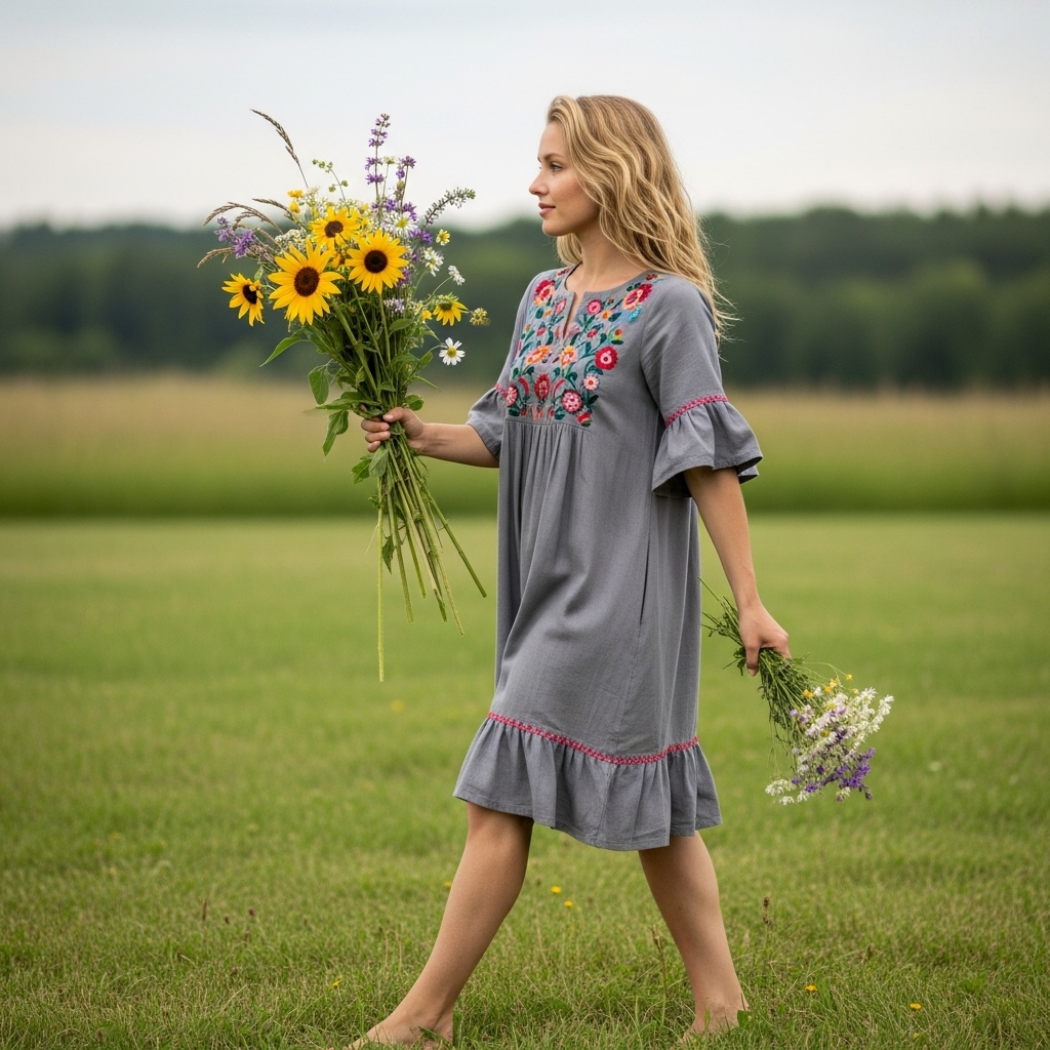 Spring Girl Green Pastoral Style Retro Floral Art Linen V Neck Dress