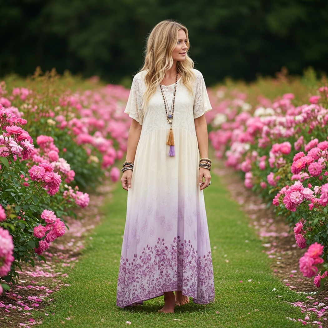 Classy Gradient Purple Lavender And Floral Printed Short Sleeve Maxi Dress