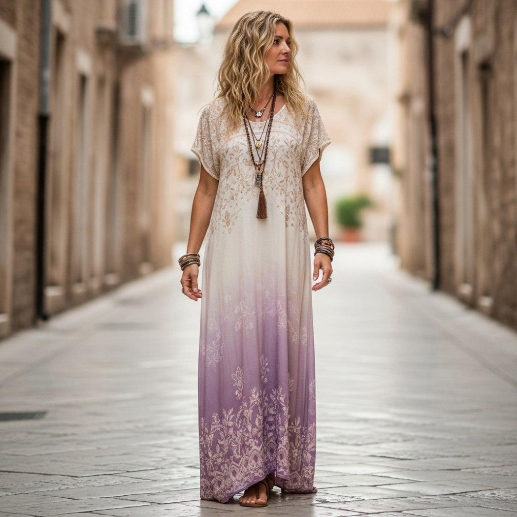 Classy Gradient Purple Lavender And Floral Printed Short Sleeve Maxi Dress
