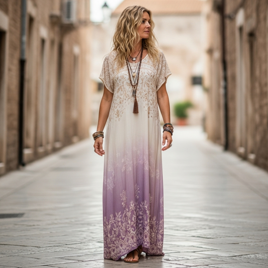 Classy Gradient Purple Lavender And Floral Printed Short Sleeve Maxi Dress