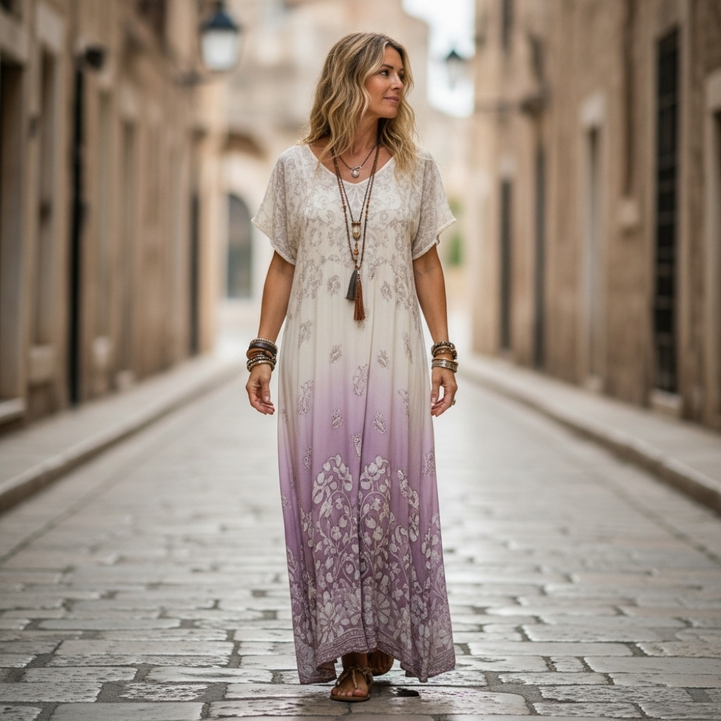 Classy Gradient Purple Lavender And Floral Printed Short Sleeve Maxi Dress