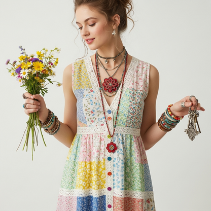 Women's Vintage Floral Patchwork Sleeveless Long Dress