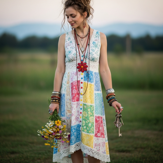 Women's Vintage Floral Patchwork Sleeveless Long Dress