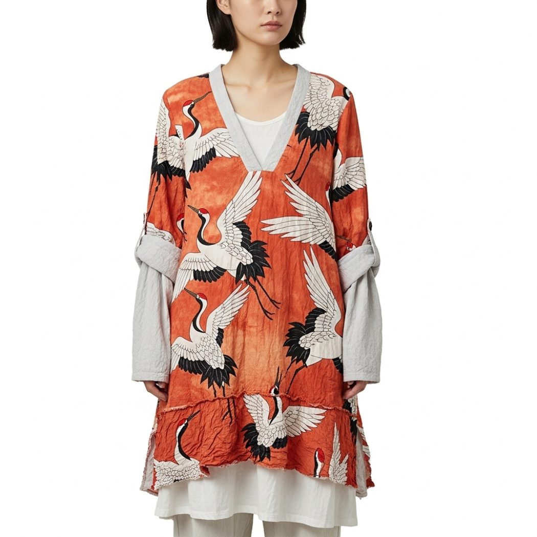 Japanese Art Crane Print V-Neck Loose Blouse