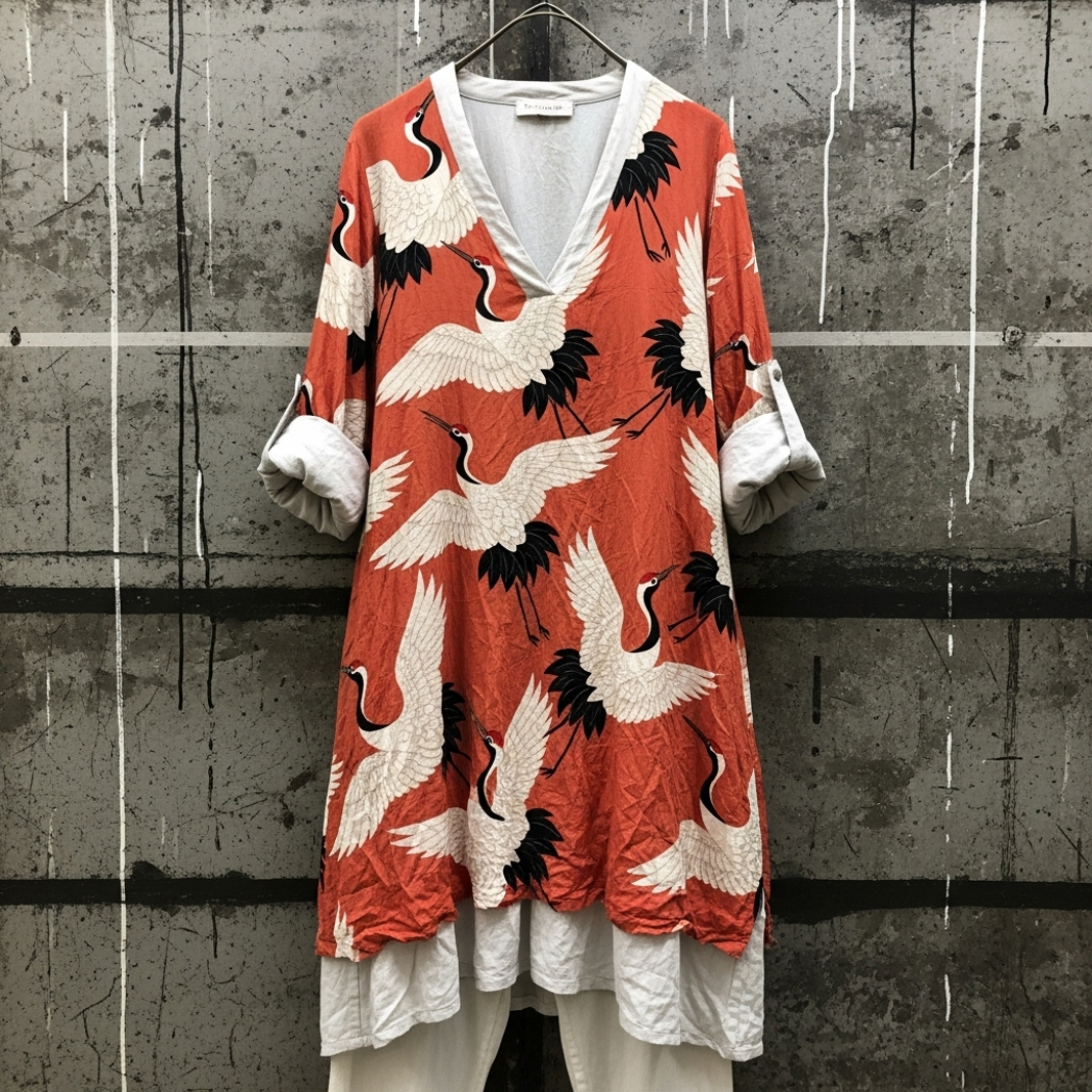 Japanese Art Crane Print V-Neck Loose Blouse