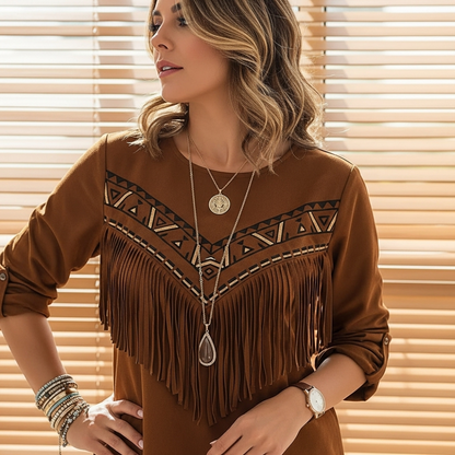 Vintage Western Tassels Print Loose Casual Cotton Linen Shirt
