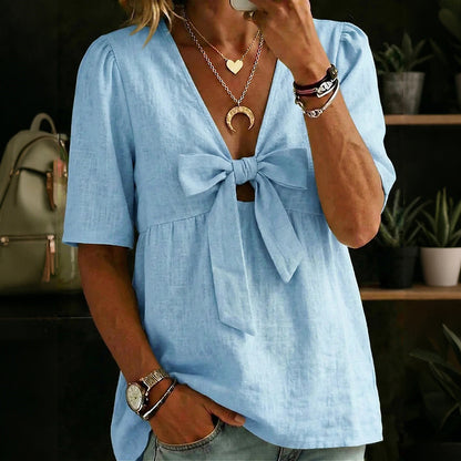 Cardydony Women's Vintage Bow Design Cotton Linen Shirt