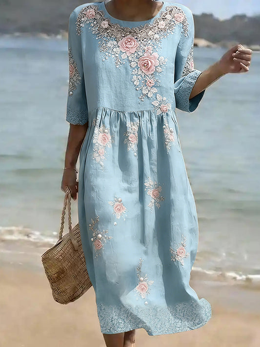 Cardydony Women's Vintage Pink Floral Art Linen Blend Loose Three-quarter Sleeve Dress