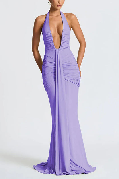 Cardydony Women's Solid Color Elegant Halterneck V-neck Open Back Tie Gathered Maxi Dress