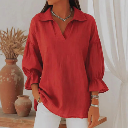 Cardydony Women's Solid Color Collared Cotton-Linen Blend Long Sleeve Loose Blouse