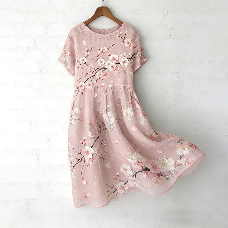 Cardydony Women's Japanese Sakura Art Print Round Neck Short Sleeve Midi Dress
