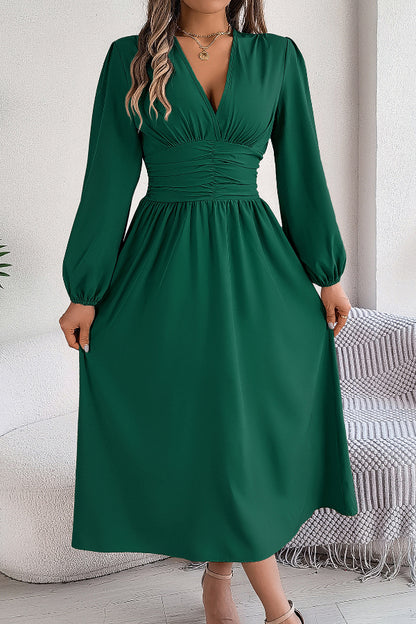 Cardydony Women's Solid Color V-neck Long-sleeved Fitted Waist Slit Elegant Midi Dress