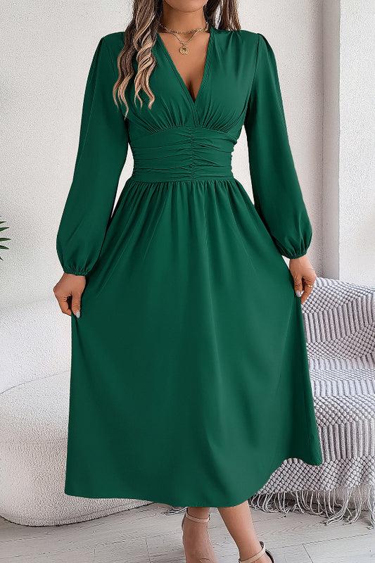 Cardydony Women's Solid Color V-neck Long-sleeved Fitted Waist Slit Elegant Midi Dress