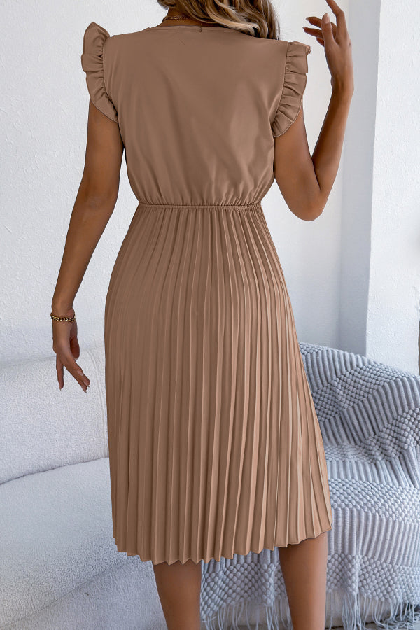Cardydony Women's Solid Color V-neck Lace-trimmed Sleeveless Casual Pleated Midi Dress