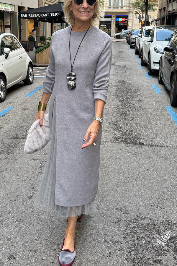 Cardydony Women's Jollie Knit Long Sleeve Front Slit Midi Sweater and Pleated Tulle Stretch Tank Midi Dress Two-piece Set