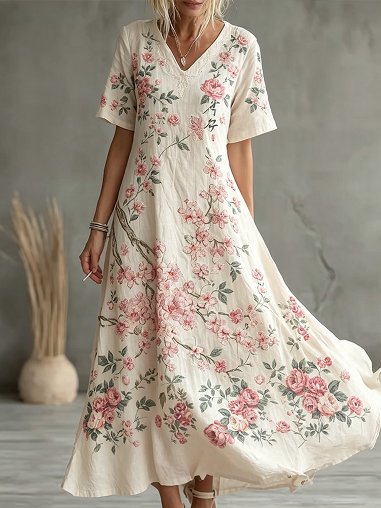 Cardydony Floral Pattern Design Women's Casual Linen Dress