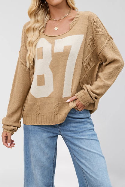 Cardydony Women's Fashionable Digital Jacquard Loose Long-sleeved Knit Sweater