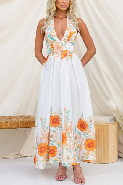 Cardydony Women's Sunflower Print V-neck Fitted Waist Elegant Maxi Dress