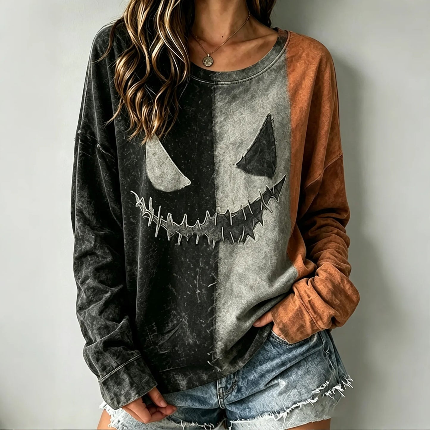 Cardydony Women's Halloween Scary Face Ghost Color Blocking Art Print Casual Sweatshirt